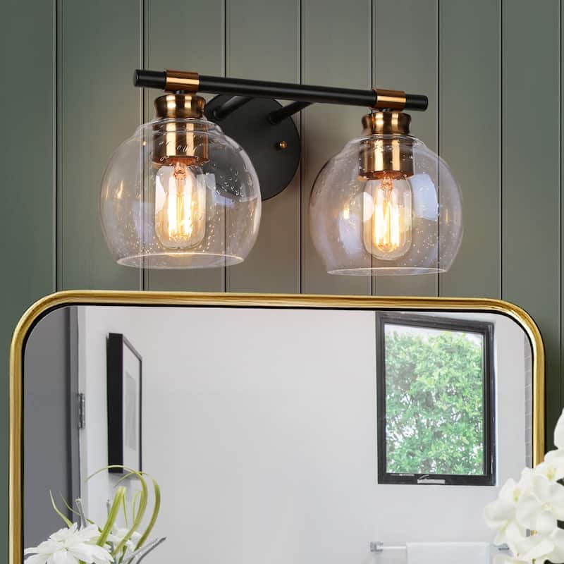 Modern 2/3-Light Black Gold Bathroom Vanity Light Dimmable Globe Seeded Glass Wall Sconces - 2-Light