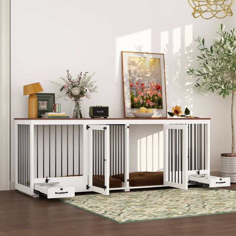 Dog Crate Furniture with Feeding Drawer and Divider, 86.6" Extra Large Indoor Dog Kennel for 2 Dogs,Pet Crate Sideboard