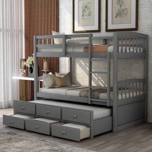 slide 2 of 46, Roomfitters Twin Bunk Bed with Ladder, Safety Rail, Twin Trundle, Sturdy Wood Frame, 3 Storage Drawers Grey