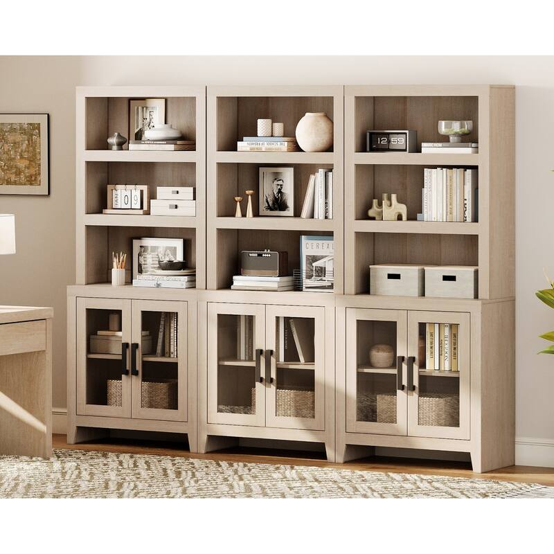 WAMPAT 3 Tier Bookshelf with Glass Door, 74" Tall Bookcase with Adjustable Shelf and Storage Cabinet, Farmhouse Wooden Bookshelf