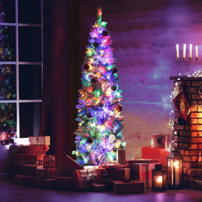 VEIKOUS Pre-Lit Artificial Christmas Tree Pencil Snow with Foldable Iron Stand with LED lights, 5.5/6.5/7.5 ft