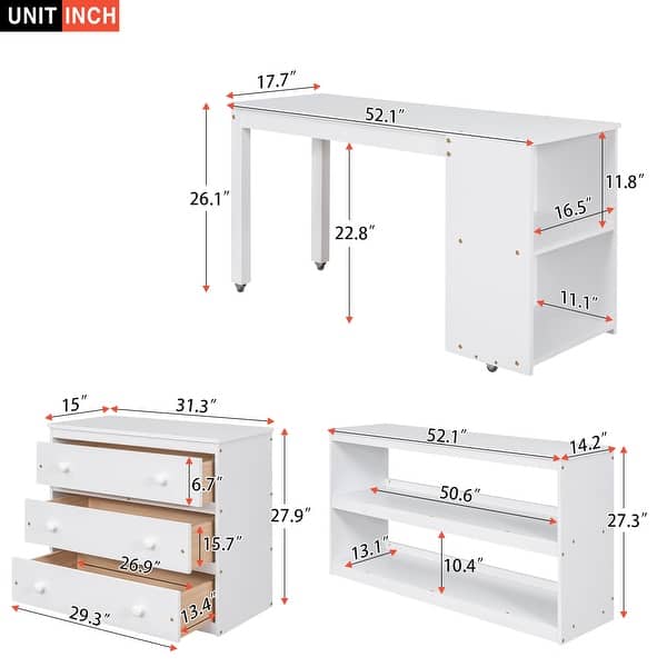 dimension image slide 1 of 2, Low Study Full Loft Bed with Rolling Portable Desk, White