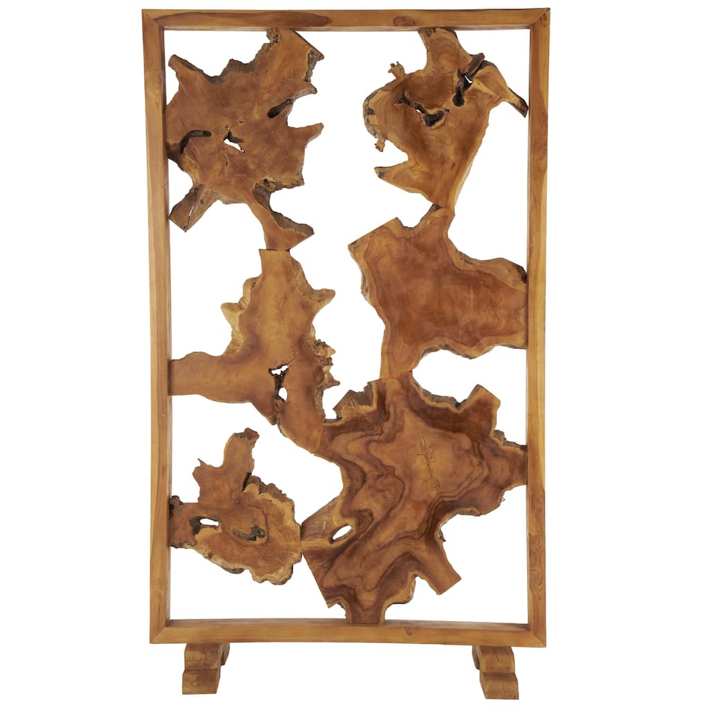 Teak Wood Tall Live Edge Freestanding Partition Room Divider Screen with Large Tree Trunk Pieces - Brown - Roche River Decor