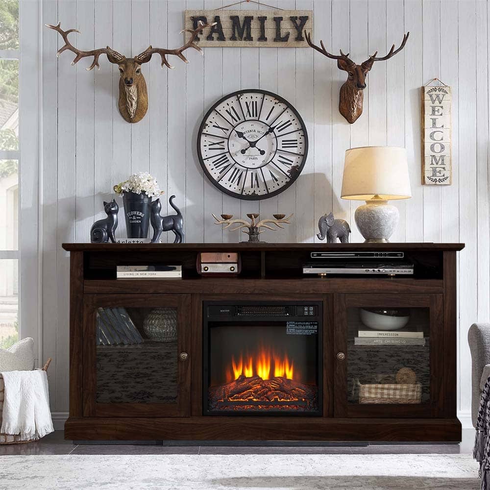 60"W Retro Electric Fireplace TV Stand, Adjustable Shelves&Cabinets - 60"W*15.75"D*29"H
