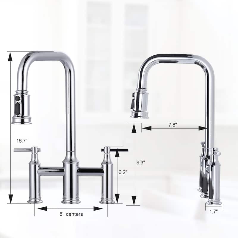WOWOW Double Handle Bridge Kitchen Faucet with Advanced Spray