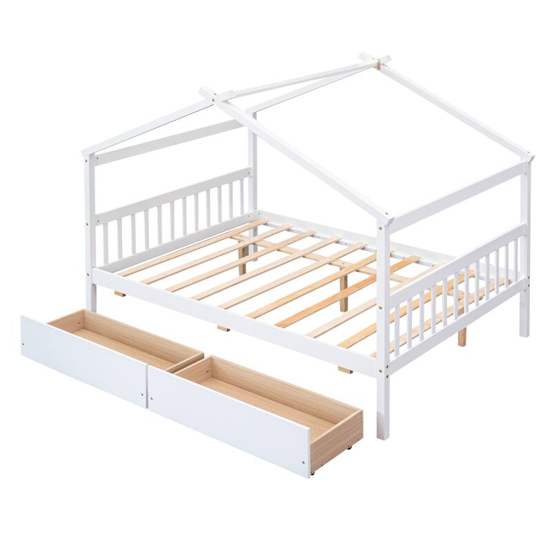 Full Size Wooden House Bed with 2 Drawers, Pinewood Frame, Kids Daybed, No Box Spring Needed