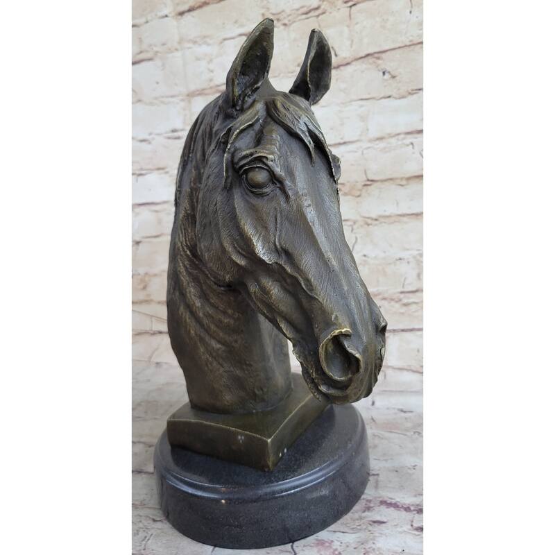 Signed Barye Unique Bronze Bust Horse Head Sculpture Marble Base Statue Figure