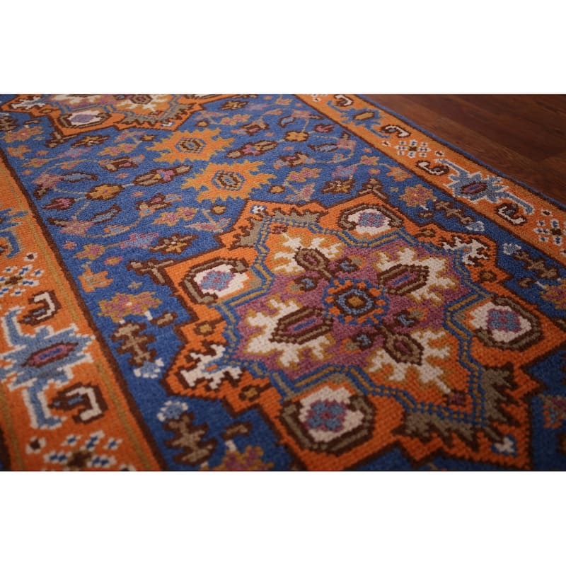 Blue & Orange Geometric Kazak Foyer Rug Hand-Knotted Wool Carpet - 2'6"x 6'0"