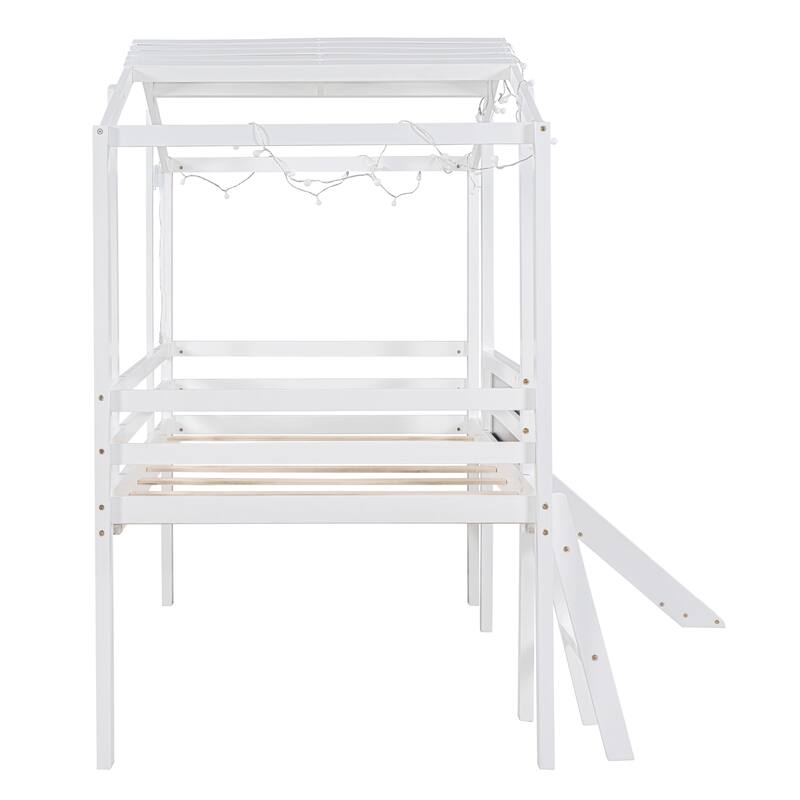 Twin Loft Bed with Slide, Ladder, Blackboard, and Light Strip, White and Gray