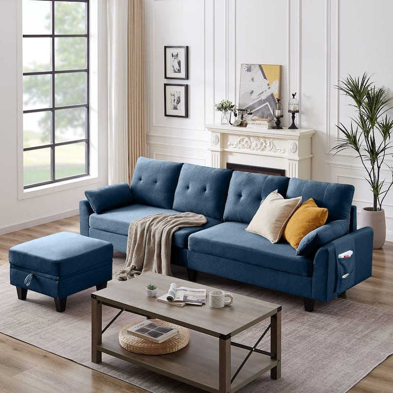 Modern Sectional Sofa Couch L Shaped With Chaise Storage Ottoman and Side Bags For Living Room - Blue
