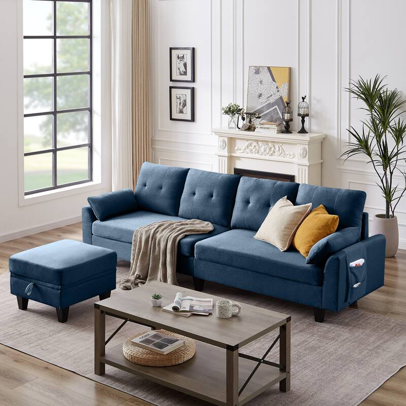 Modular Sectional Sofa Couch L Shaped With Chaise Storage Ottoman and Side Bags For Living Room - Blue