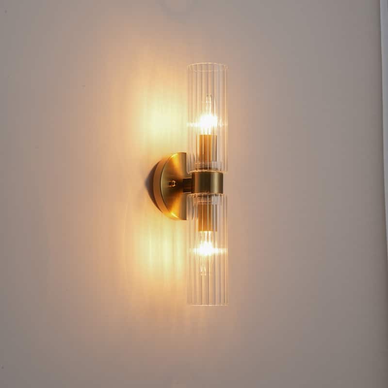 2-Light Modern Luxury Ribbed Glass Tube Gold Wall Sconce for Bedroom - 4.7 in. W x 4.3 in. D x 16 in. H