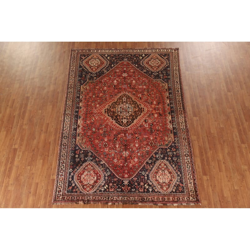 Hand Knotted Oriental 100% Wool Carpet Traditional Medallion Red Shiraz Area Rug - 9' 10'' X 6' 11''