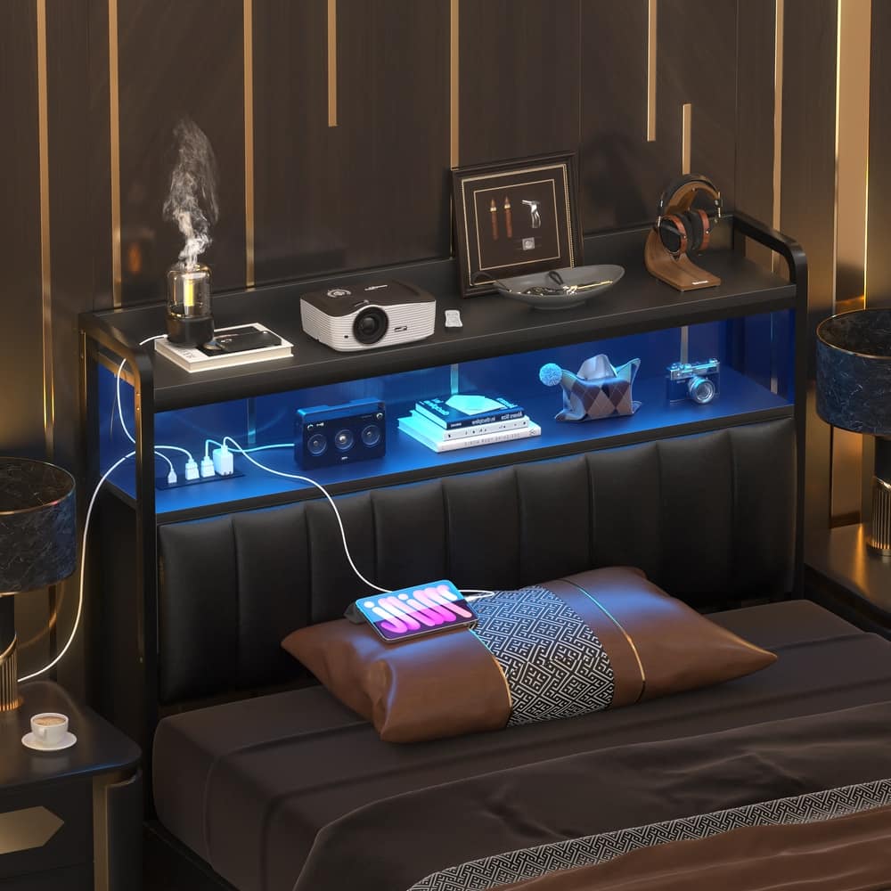 Upholstered Headboards with Charge Station and LED Light, Height Adjustable Head Board with Storage