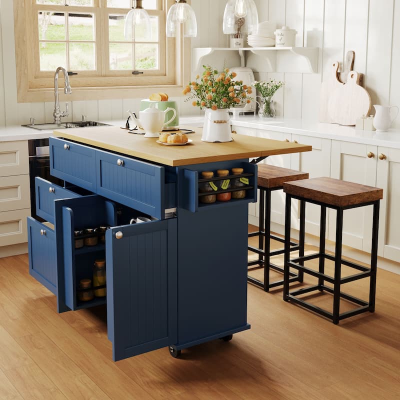 Farmhouse Kitchen Island on Wheels with Drop Leaf, 2 Seating & Power Outlet