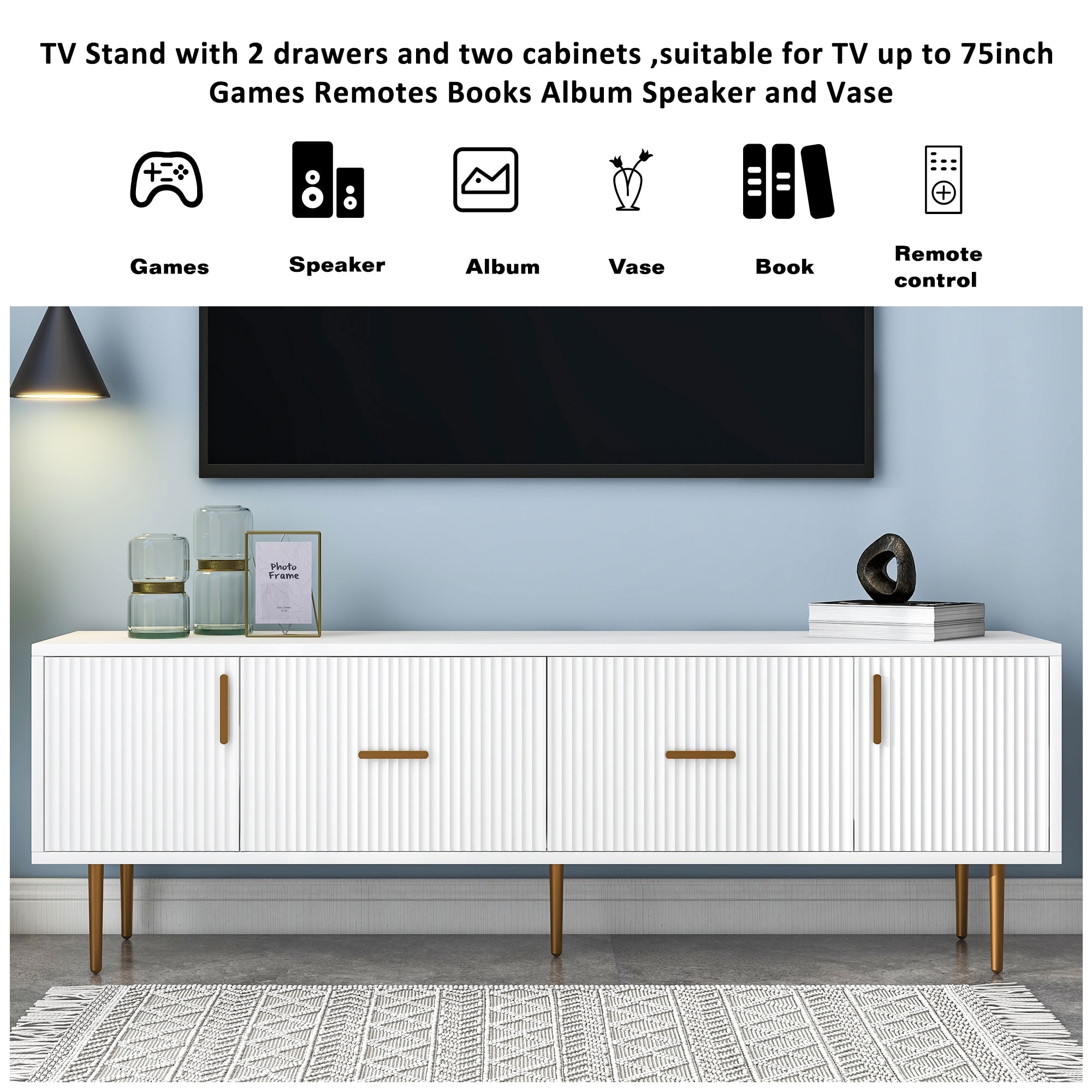 Flute TV Stand with Two Drawers and Two Cabinet for TVS Up to 75