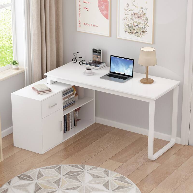 White Reversible L Shape Desk Rotating Desk Working Desk Computer