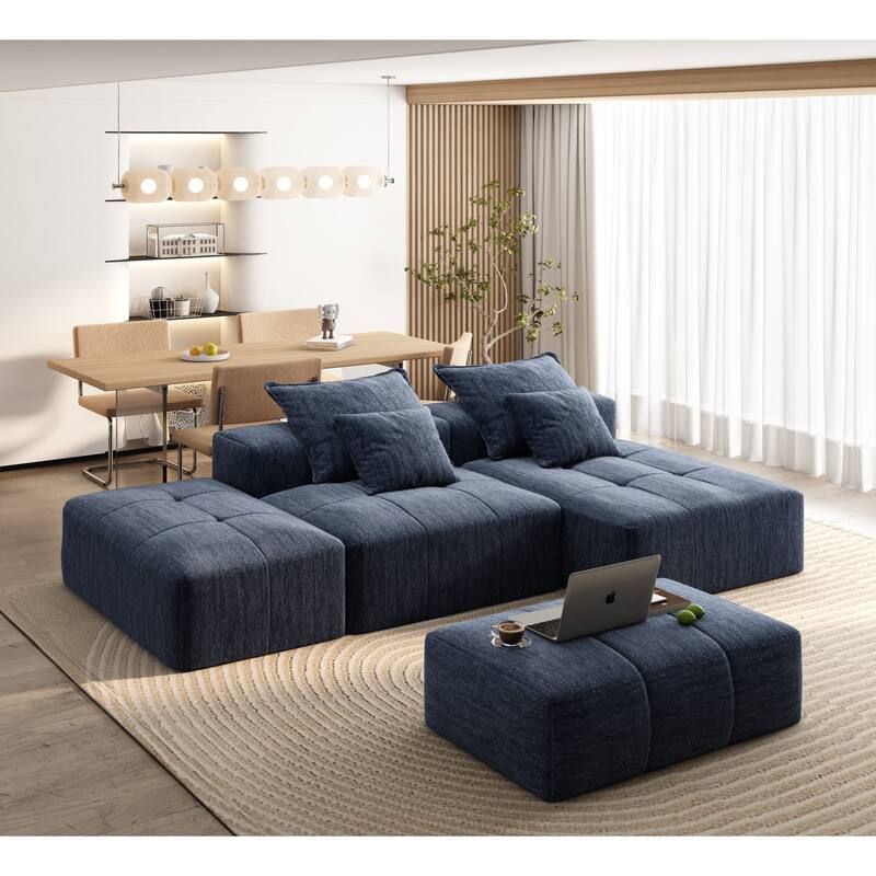 Oversized Modular Chenille Sectional Sofa with Ottoman, Chaise Lounge, 1 Armrest and 4 Pillows for Living Room