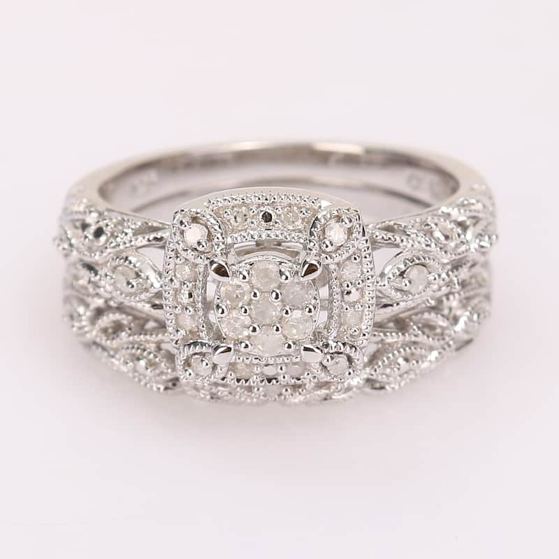 Miadora Sterling Silver 1/5ct TDW Diamond Vintage Composite Halo Bridal Ring Set