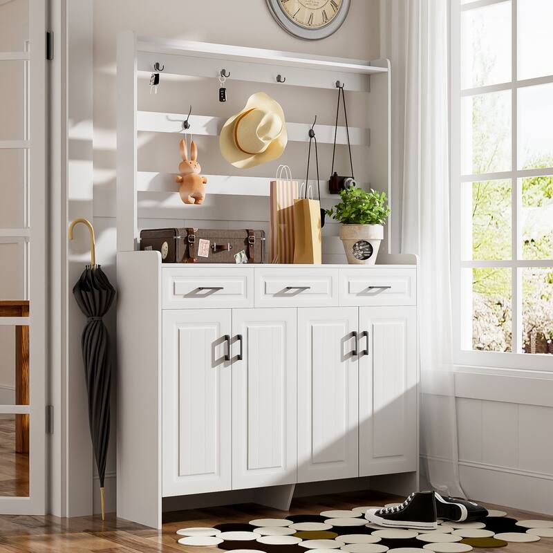 4 Door Shoe Cabinet with Coat Rack, Multi-Functional Shoe Rack with 3 Drawers, 8 Shelves, Entryway Wood Storage Console