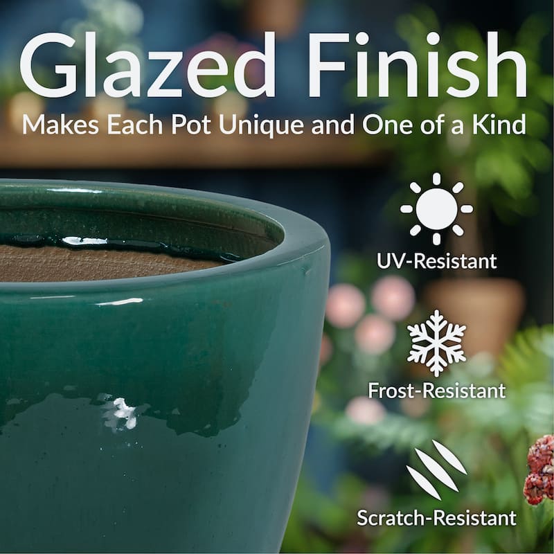 Sunnydaze Resort Glazed Ceramic Planter - 14.5" - Dark Green