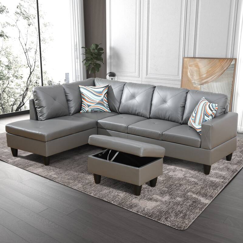 L-Shaped PU Leather Sofa & Chaise with Ottoman