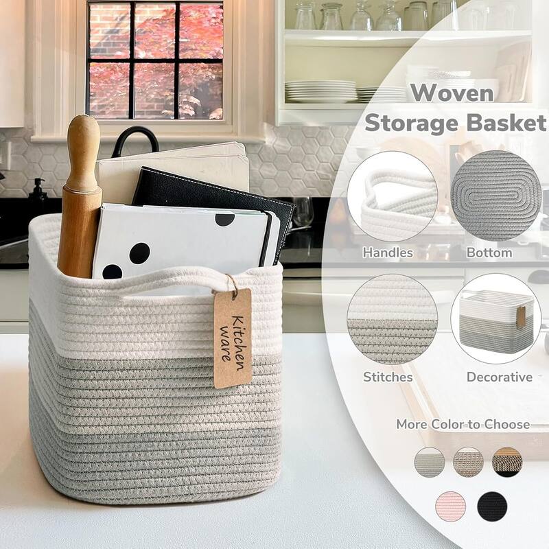Woven Rope Storage Basket Set of 3, Closet Baskets for Toys, Books, Rectangle Decorative Baskets - 10"D x 13"W x 9"H