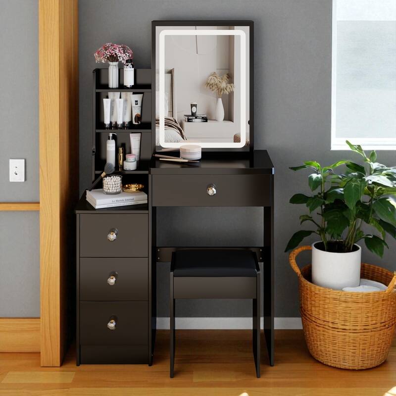 Small Vanity Table with Sliding LED Mirror and Stool, Compact Makeup Desk with Drawer and Storage for Small Spaces - Black