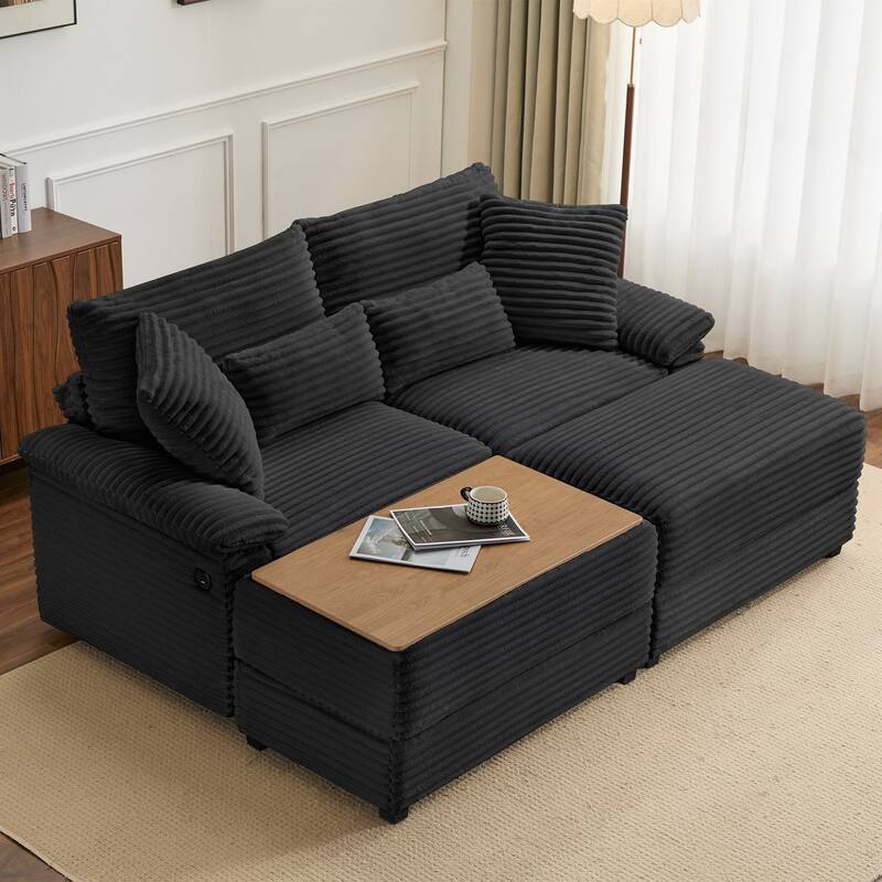 Double Chaise Lounge Set with Reversible Ottoman - Soft Corduroy Fabric, Storage Ottomans,USB Port, Multi-Functional Seat/Table