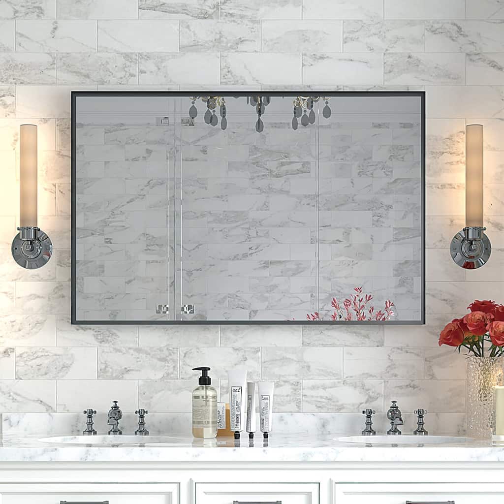 Glossy Black Rounded Corner Rectangle Bathroom Mirror