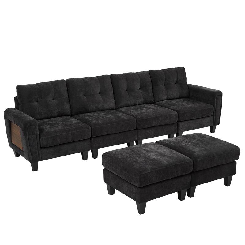 Roomfitters 115 Inch U-Shaped Sectional Sofa with 2 Ottomans and Foldable Side Tables, Chenille