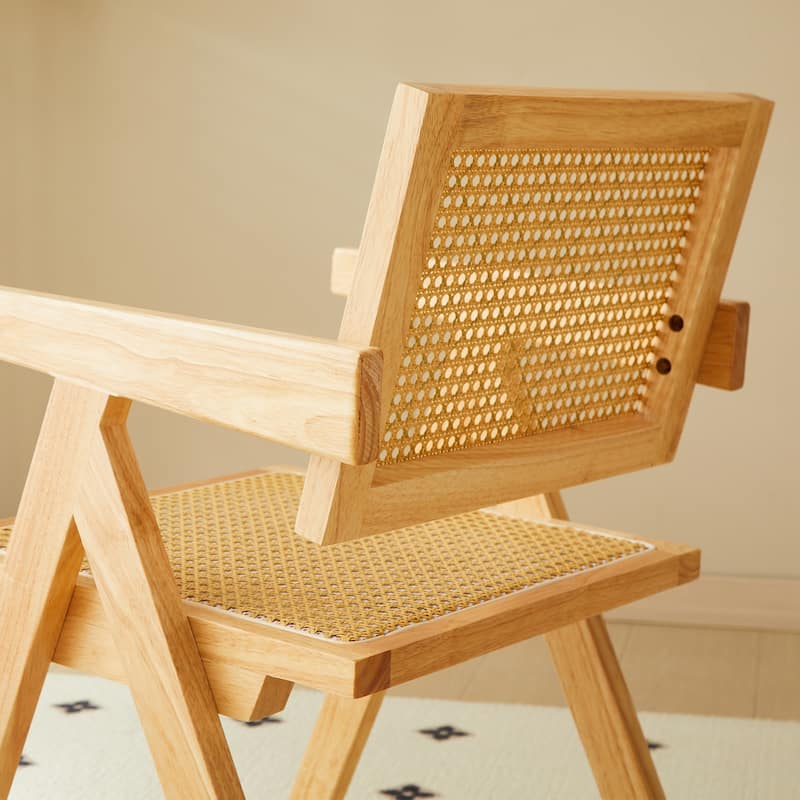 2 Piece Rattan Solid Wood Kitchen Dining Chair with Cushions, Backrests, Armrests for Dining Room Kitchen Living Room Bedroom