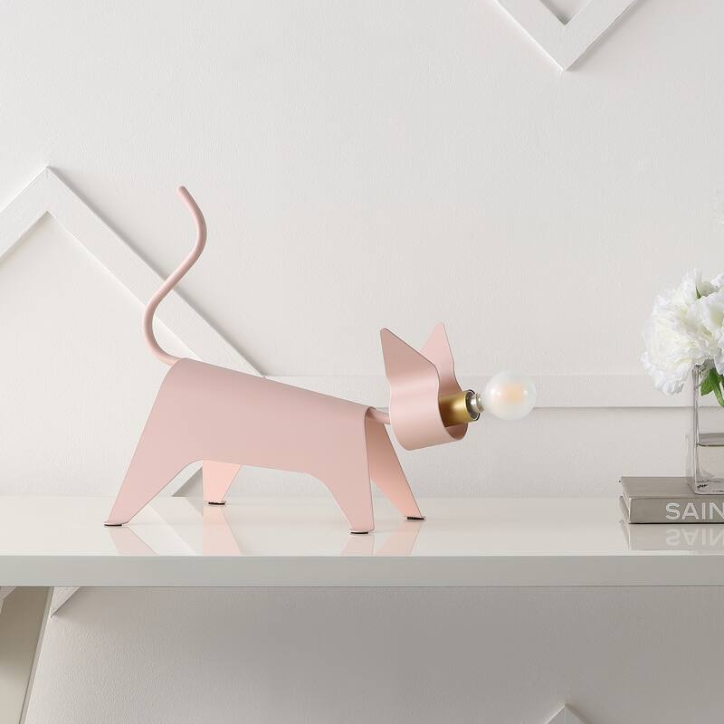 Gretchen 11.75" Modern Industrial Iron Feline LED Kids' Lamp, Pink by JONATHAN Y