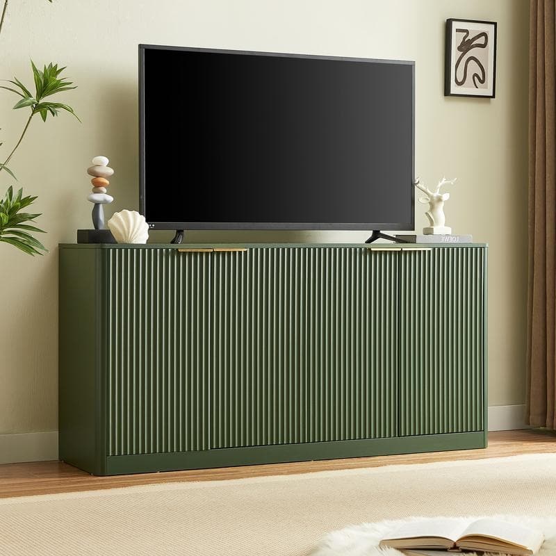 Modern 59" Fluted Buffet Sideboard Cabinet with Shelves, TV Stand Storage Cabinet with 4 Wave Doors for Organized Living Spaces - Green
