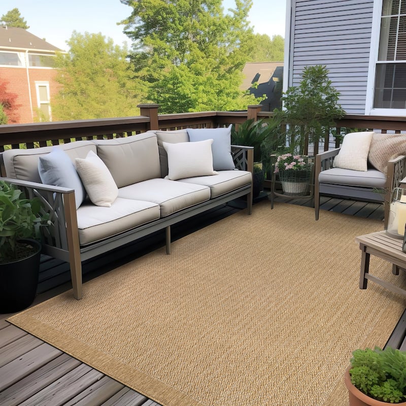 World Rug Gallery Contemporary Bordered Weather Resistant Reversible Indoor/Outdoor Area Rug - 5' x 7' - Natural