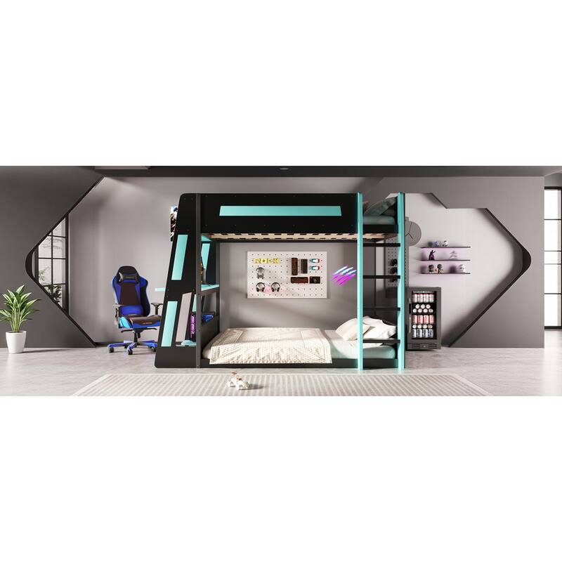 Roomfitters Twin/Full Over Twin Wooden Gaming Bunk Bed with Desk and LED Lights
