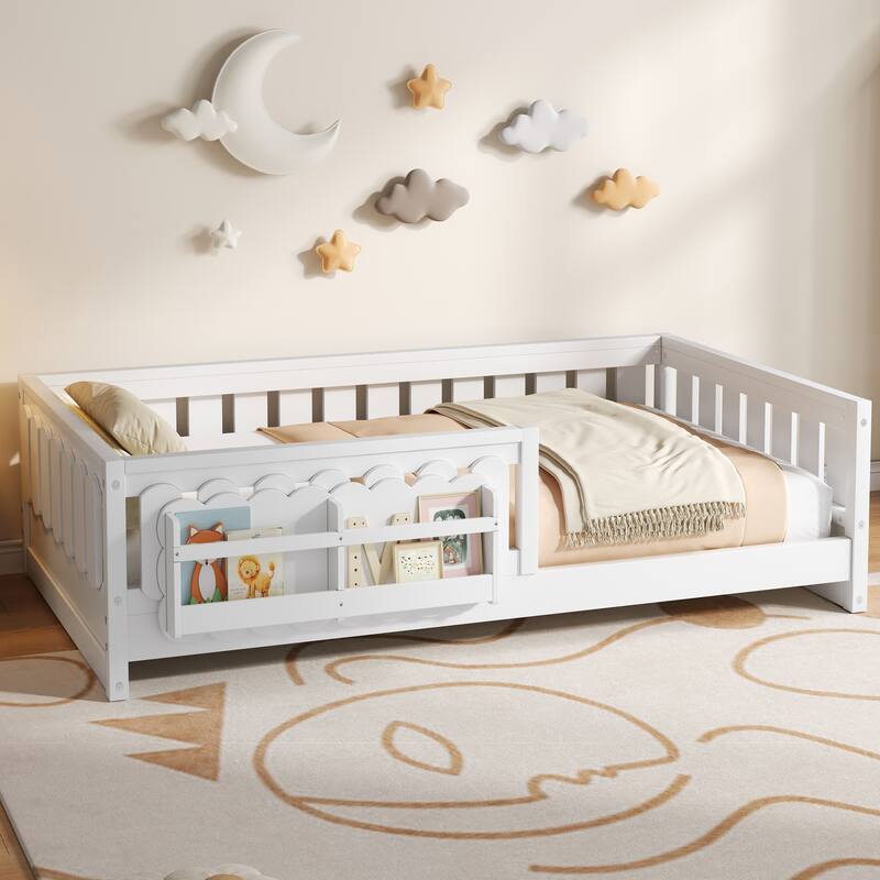 Roomfitters Twin Wood Platform Bed with Guardrail and 2 Bookshelves - White - Twin