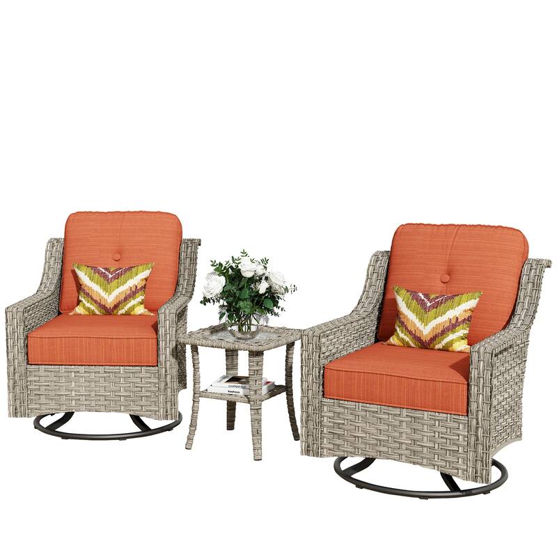 XIZZI 3-Piece Swivel Rocking Chair Rattan Wicker Outdoor Patio Furniture Bistro Set