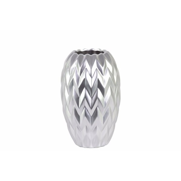 Round Vase Embossed Wave Design and Rounded Bottom- Small- Silver- Benzara
