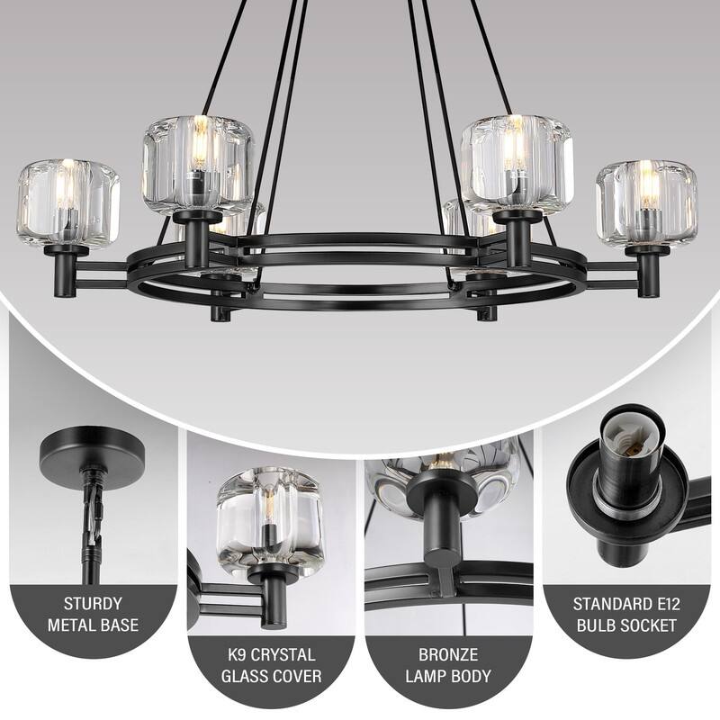 KAYLA 36 in. 6-Light Gold Farmhouse Wagon Wheel Chandelier with Crystal Lampshade