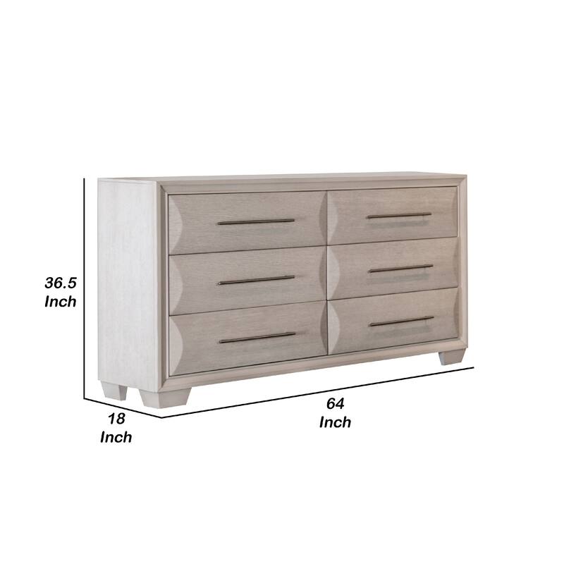 Nitz 6 Drawer Wide Dresser, White Oak Solid Wood Frame, Rose Gold Handles