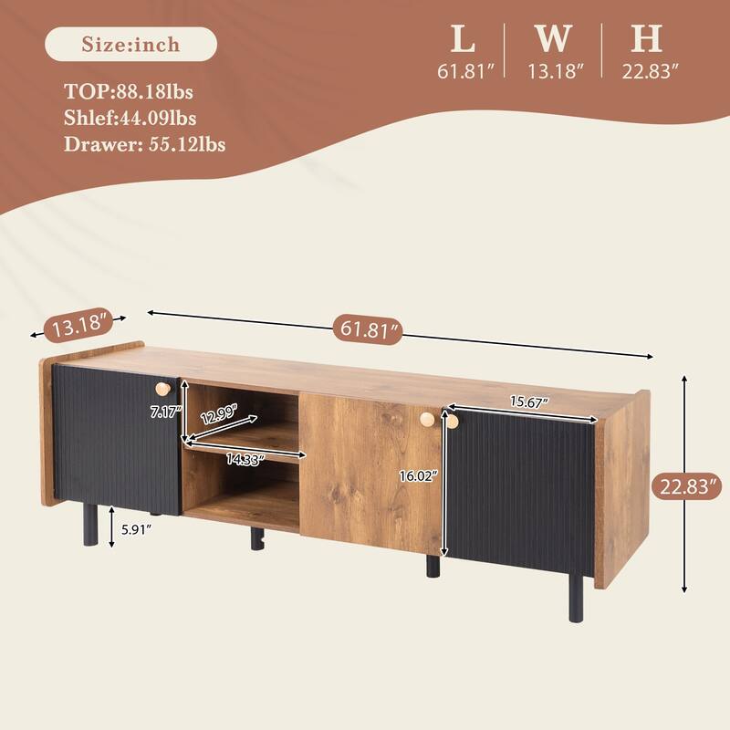 Mid-century TV Stand for TVs up to 70" with 3 Cabinets and 2 Open Storage Compartments, for Living Room and Bedroom