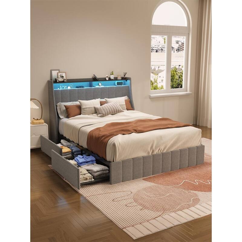 Wingback Headboard Queen Platform Bed Frame with 4 Drawer, LIGHT GREY - LIGHT GREY - Queen