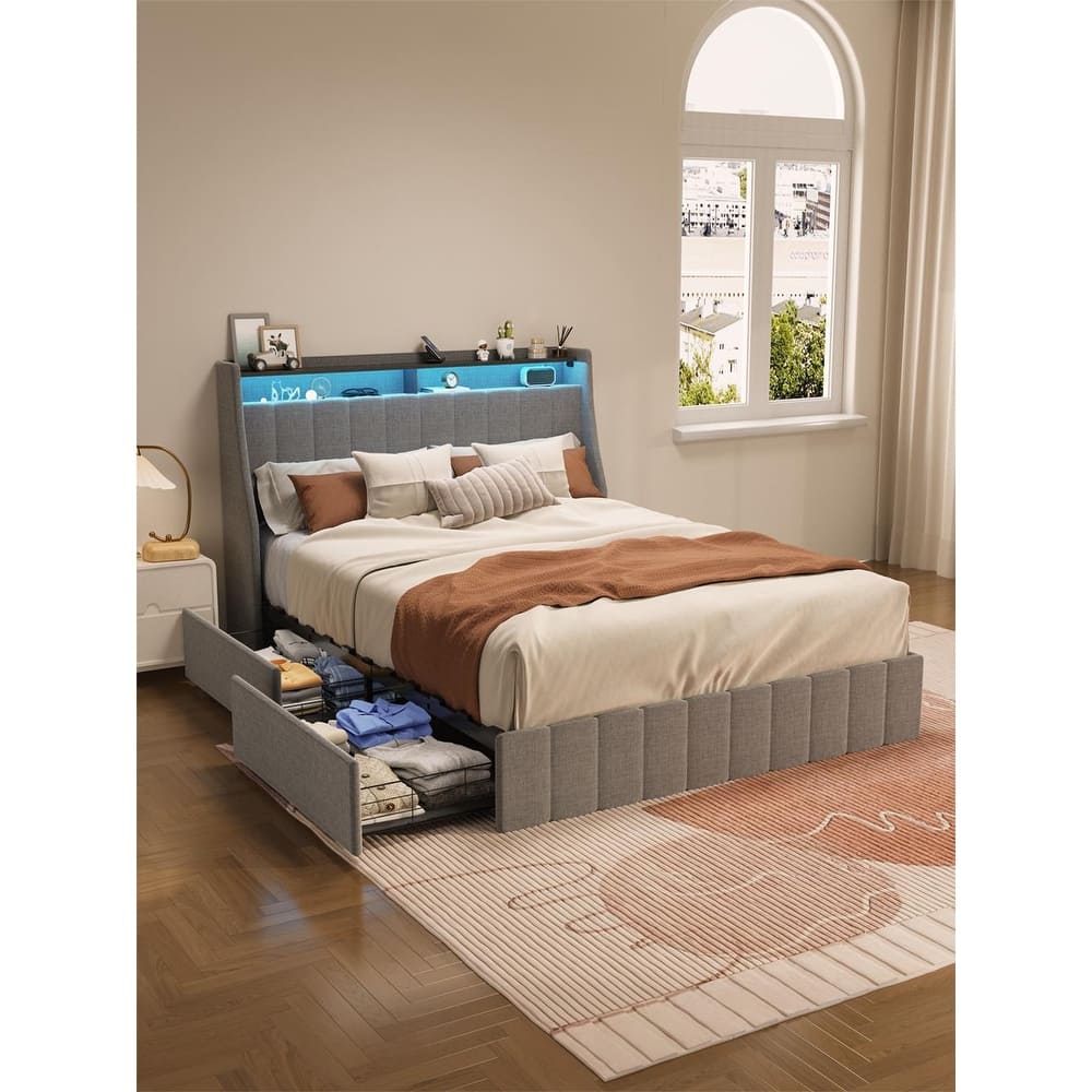 Wingback Headboard Queen Platform Bed Frame with 4 Drawer, LIGHT GREY