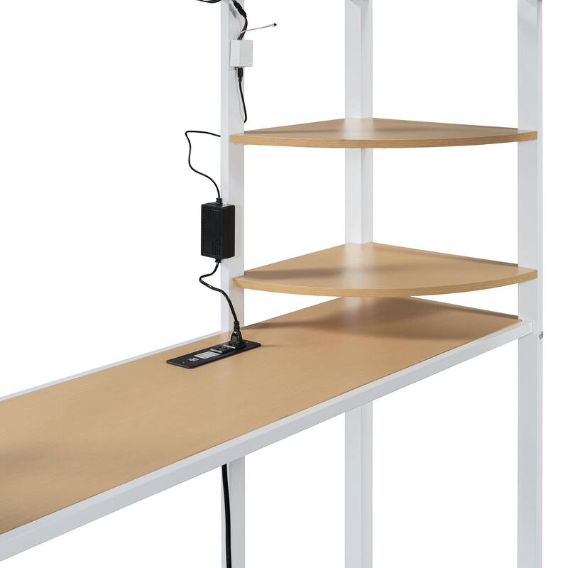 Full Size Metal Loft Bed with Built-in Desk, Wardrobe & Power Outlet - 350LB Capacity