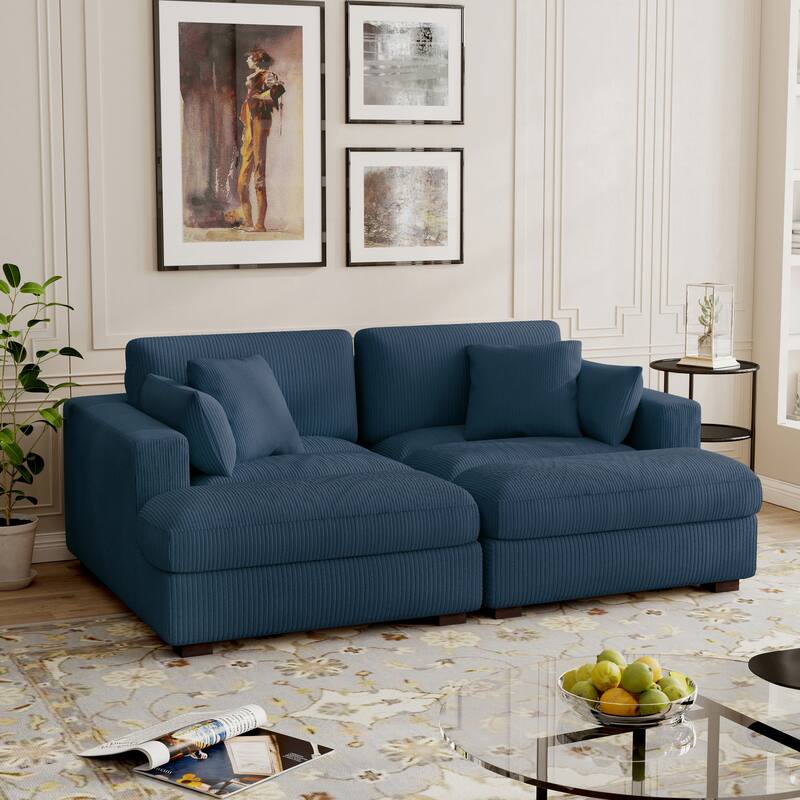 Modern Corduroy Modular Sectional Sofa Chaise Couch Bed - Navy&2 Pillows - Symmetrical