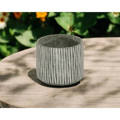 HomeRoots 7" Gray Geo Striped Cement Indoor Outdoor Round Pot Planter