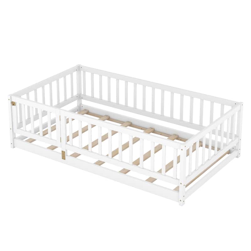 Montessori Floor Bed with Fence Guardrail and Removable Door Toddler Floor Wood Bed Frame for Kids Boys Girls Children's Room