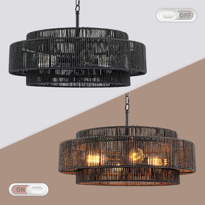 Starsky 4-Light 23inch Rattan Tiered Bohemian Light Fixture Drum Chandelier