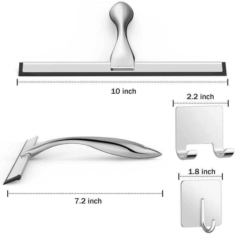 Multi-function Stainless Steel Shower Squeegee with 2 Adhesive Hooks, 10 Inch